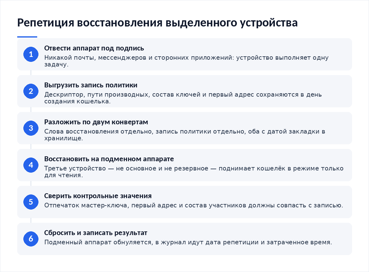 Схема из шести шагов: выделение аппарата под подпись, выгрузка записи политики, два конверта в хранилище, репетиция на подменном аппарате, сверка отпечатка и адреса, сброс и запись в журнал