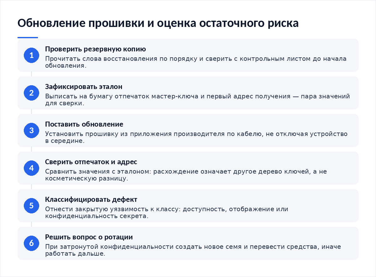 Схема из шести шагов: проверка резервной копии, фиксация отпечатка, установка обновления, сверка отпечатка и адреса, классификация дефекта, решение о ротации ключей