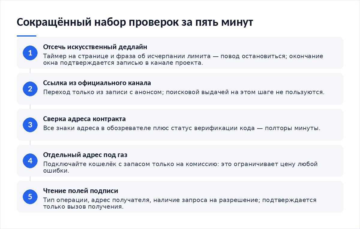 Схема из пяти шагов: отсечение искусственного дедлайна, переход по ссылке из официального канала, сверка адреса контракта в обозревателе, получение с отдельного адреса под газ, чтение полей запроса на подпись
