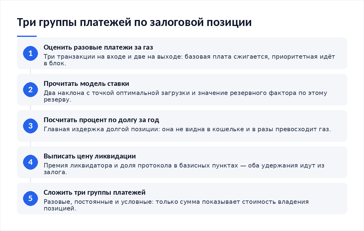 Схема из пяти шагов: оценить разовые платежи за газ по трём транзакциям, прочитать модель ставки и резервный фактор, посчитать процент по долгу за год, выписать премию ликвидатора и долю протокола, сложить три группы платежей